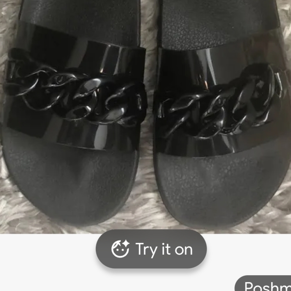 True Religion Glossy Black Chain Sandals